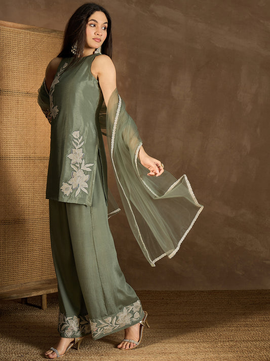 Floral Embroidered Round Neck Sequinned Straight Kurta With Palazzos & Dupatta