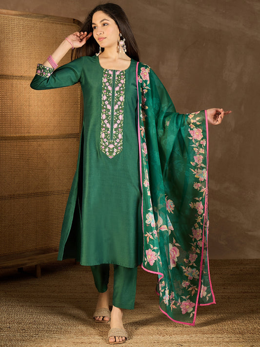 Floral Yoke Design Thread Work A-Line Kurta With Trousers & Dupatta