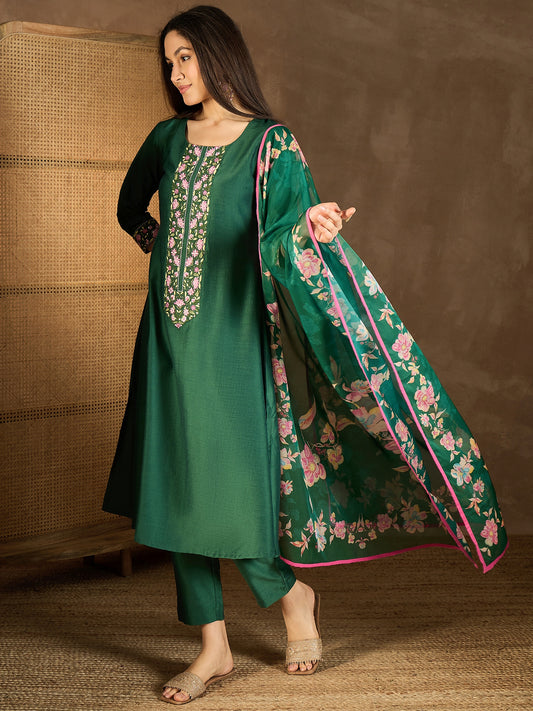 Floral Yoke Design Thread Work A-Line Kurta With Trousers & Dupatta
