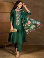 Floral Yoke Design Thread Work A-Line Kurta With Trousers & Dupatta