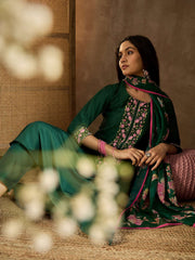 Floral Yoke Design Thread Work A-Line Kurta With Trousers & Dupatta