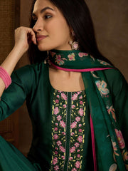 Floral Yoke Design Thread Work A-Line Kurta With Trousers & Dupatta