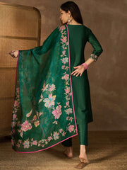 Floral Yoke Design Thread Work A-Line Kurta With Trousers & Dupatta