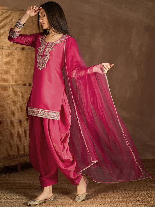 Women Floral Yoke Design Regular Kurta with Dhoti Pants & With Dupatta