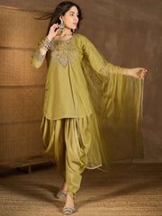 Women Floral Yoke Design Regular Sequinned Kurta with Dhoti Pants & With Dupatta