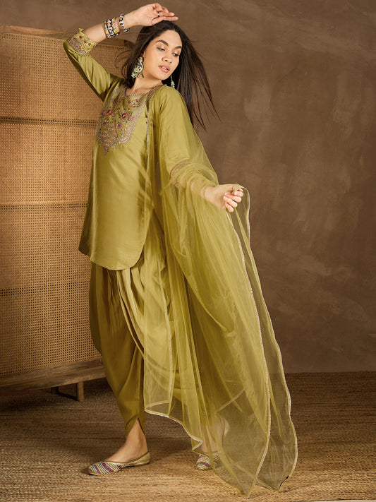 Women Floral Yoke Design Regular Sequinned Kurta with Dhoti Pants & With Dupatta