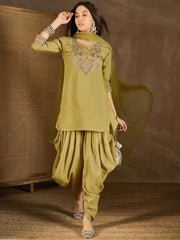 Women Floral Yoke Design Regular Sequinned Kurta with Dhoti Pants & With Dupatta
