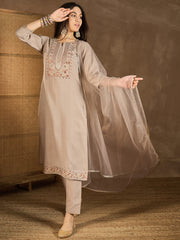 Women Floral Yoke Design Regular Thread Work Kurta with Trousers & With Dupatta