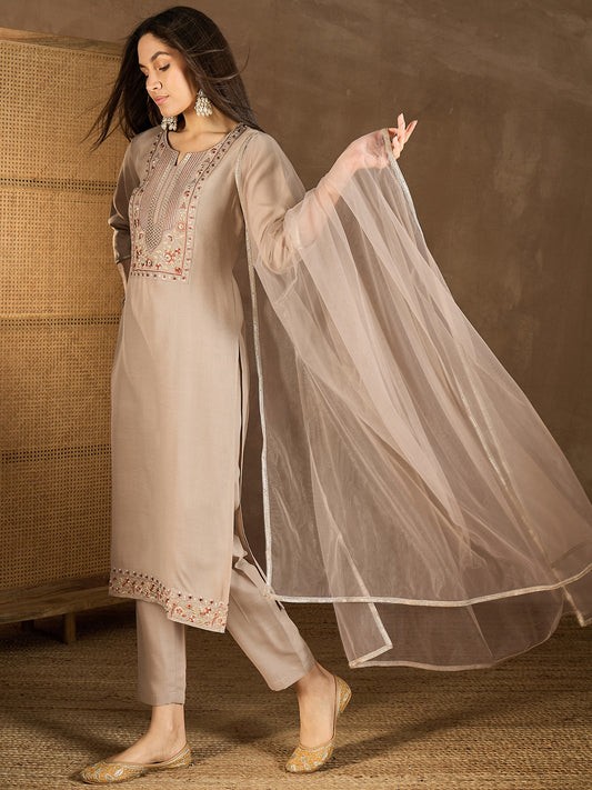 Women Floral Yoke Design Regular Thread Work Kurta with Trousers & With Dupatta