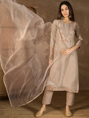 Women Floral Yoke Design Regular Thread Work Kurta with Trousers & With Dupatta