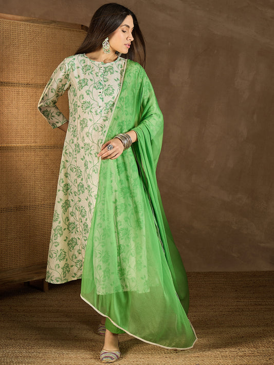 Floral Printed Panelled Chikankari Kurta With Trousers & Dupatta
