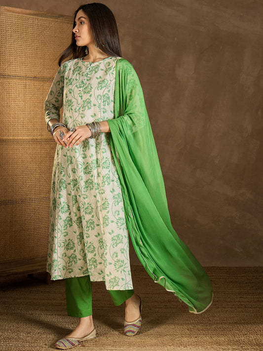 Floral Printed Panelled Chikankari Kurta With Trousers & Dupatta