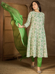 Floral Printed Panelled Chikankari Kurta With Trousers & Dupatta