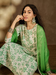 Floral Printed Panelled Chikankari Kurta With Trousers & Dupatta