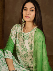 Floral Printed Panelled Chikankari Kurta With Trousers & Dupatta