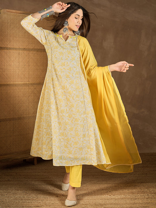 Floral Printed Notch Neck Chikankari Panelled Kurta With Trousers & Dupatta