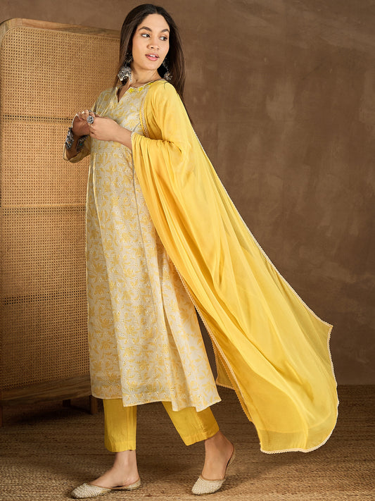 Floral Printed Notch Neck Chikankari Panelled Kurta With Trousers & Dupatta
