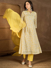 Floral Printed Notch Neck Chikankari Panelled Kurta With Trousers & Dupatta