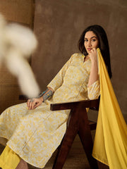 Floral Printed Notch Neck Chikankari Panelled Kurta With Trousers & Dupatta