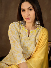 Floral Printed Notch Neck Chikankari Panelled Kurta With Trousers & Dupatta