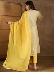 Floral Printed Notch Neck Chikankari Panelled Kurta With Trousers & Dupatta