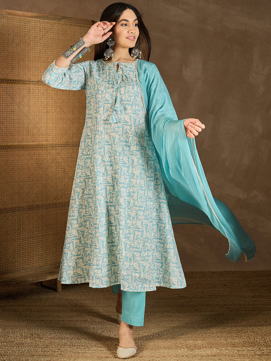 Women Ethnic Motifs Embroidered Tie-Up Neck Mirror Work A-Line Kurta Set