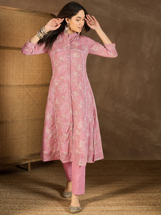 Floral Printed Mandarin Collar Thread Work Kurta With Trousers