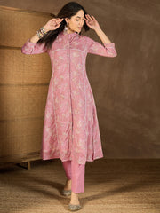 Floral Printed Mandarin Collar Thread Work Kurta With Trousers