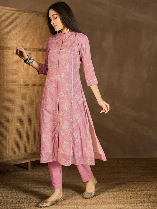 Floral Printed Mandarin Collar Thread Work Kurta With Trousers