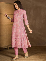 Floral Printed Mandarin Collar Thread Work Kurta With Trousers