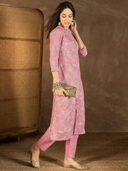 Floral Printed Mandarin Collar Thread Work Kurta With Trousers
