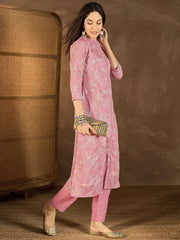 Floral Printed Mandarin Collar Thread Work Kurta With Trousers