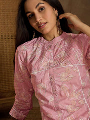 Floral Printed Mandarin Collar Thread Work Kurta With Trousers