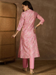 Floral Printed Mandarin Collar Thread Work Kurta With Trousers