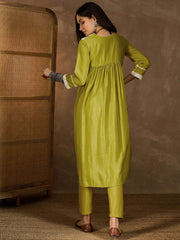 Floral Embroidered V Neck Thread Work Pleated Kurta With Trousers