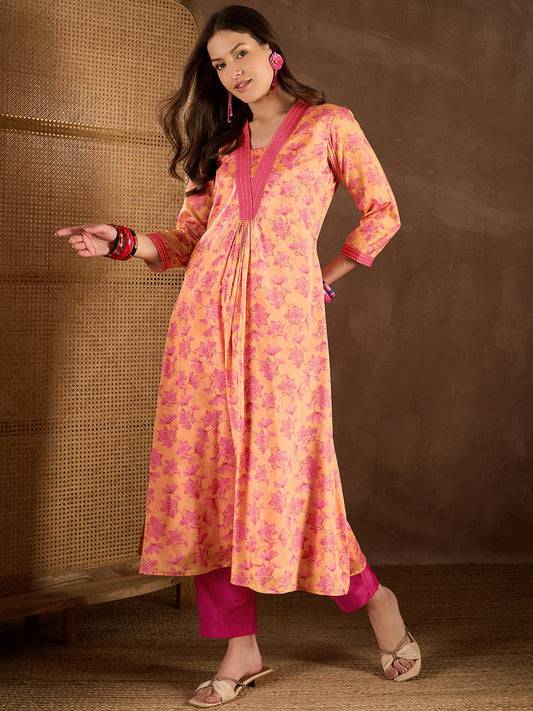 Women Floral Printed Pleated Thread Work Kurta with Trousers