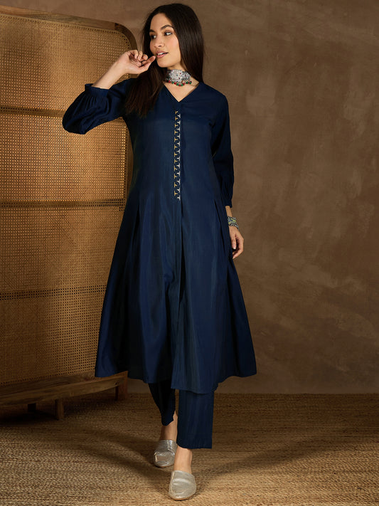 V Neck Kantha Work Kantha Work A-Line Kurta With Trousers