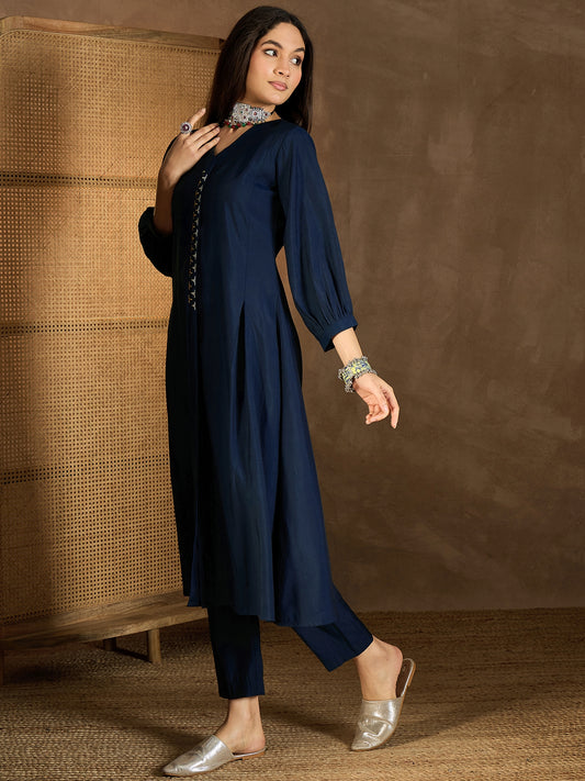 V Neck Kantha Work Kantha Work A-Line Kurta With Trousers