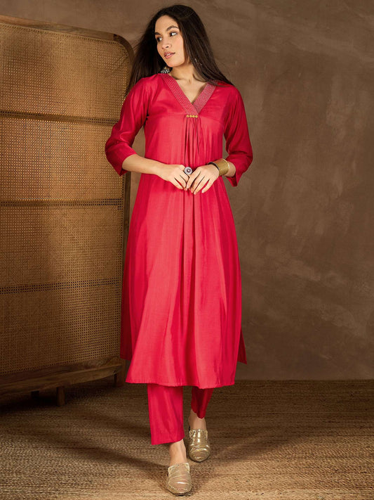 Floral Yoke Design Pleated V-Neck Tunic With Trousers