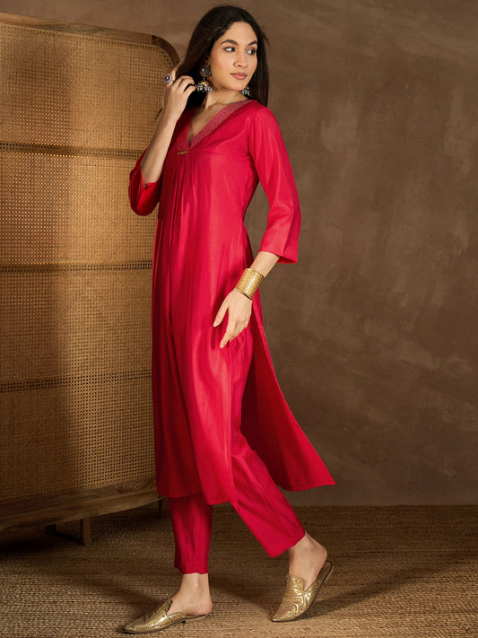 Floral Yoke Design Pleated V-Neck Tunic With Trousers