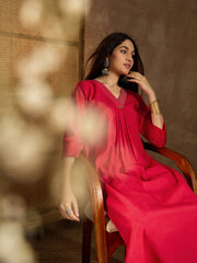 Floral Yoke Design Pleated V-Neck Tunic With Trousers