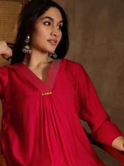 Floral Yoke Design Pleated V-Neck Tunic With Trousers