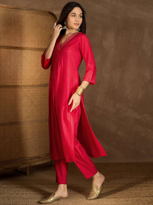 V Neck Thread Work Empire Kurta With Trousers