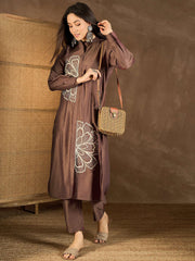 Floral Embroidered Mandarin Collar Tunic With Trousers