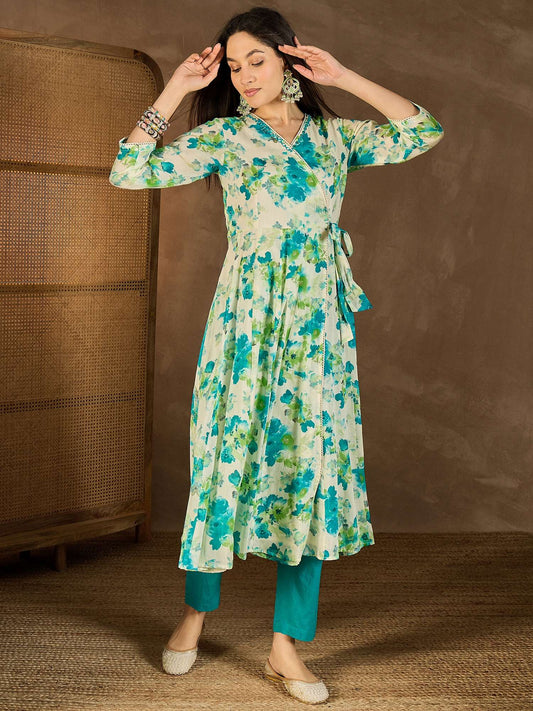 Women Floral Printed Angrakha Mirror Work Kurta with Trousers