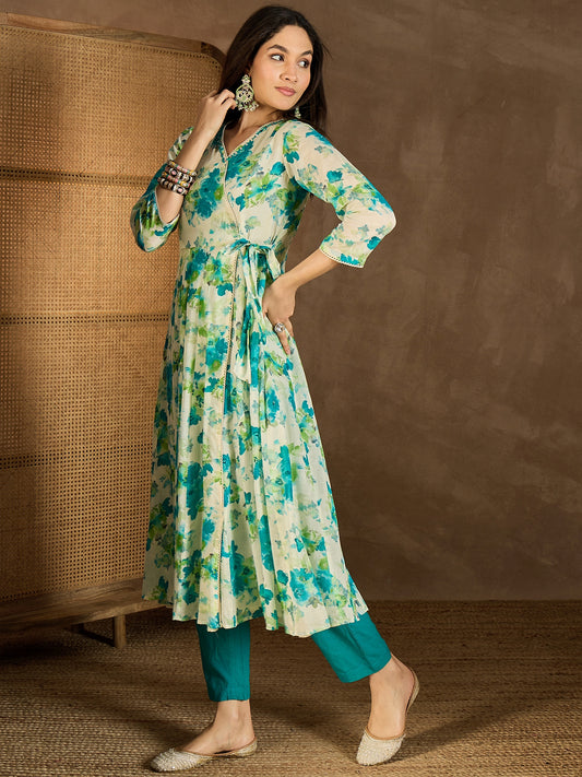 Women Floral Printed Angrakha Mirror Work Kurta with Trousers
