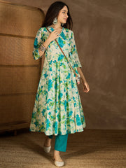 Women Floral Printed Angrakha Mirror Work Kurta with Trousers