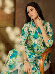 Women Floral Printed Angrakha Mirror Work Kurta with Trousers