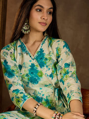 Women Floral Printed Angrakha Mirror Work Kurta with Trousers