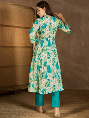 Women Floral Printed Angrakha Mirror Work Kurta with Trousers
